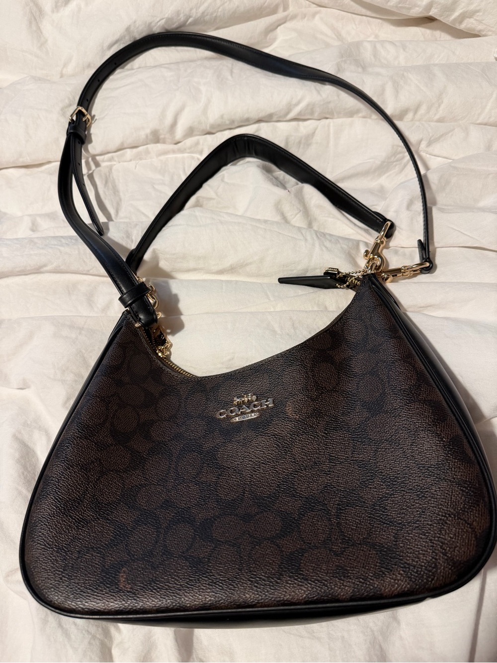 Coach Dark Brown Signature Shoulder Bag with Black Trim